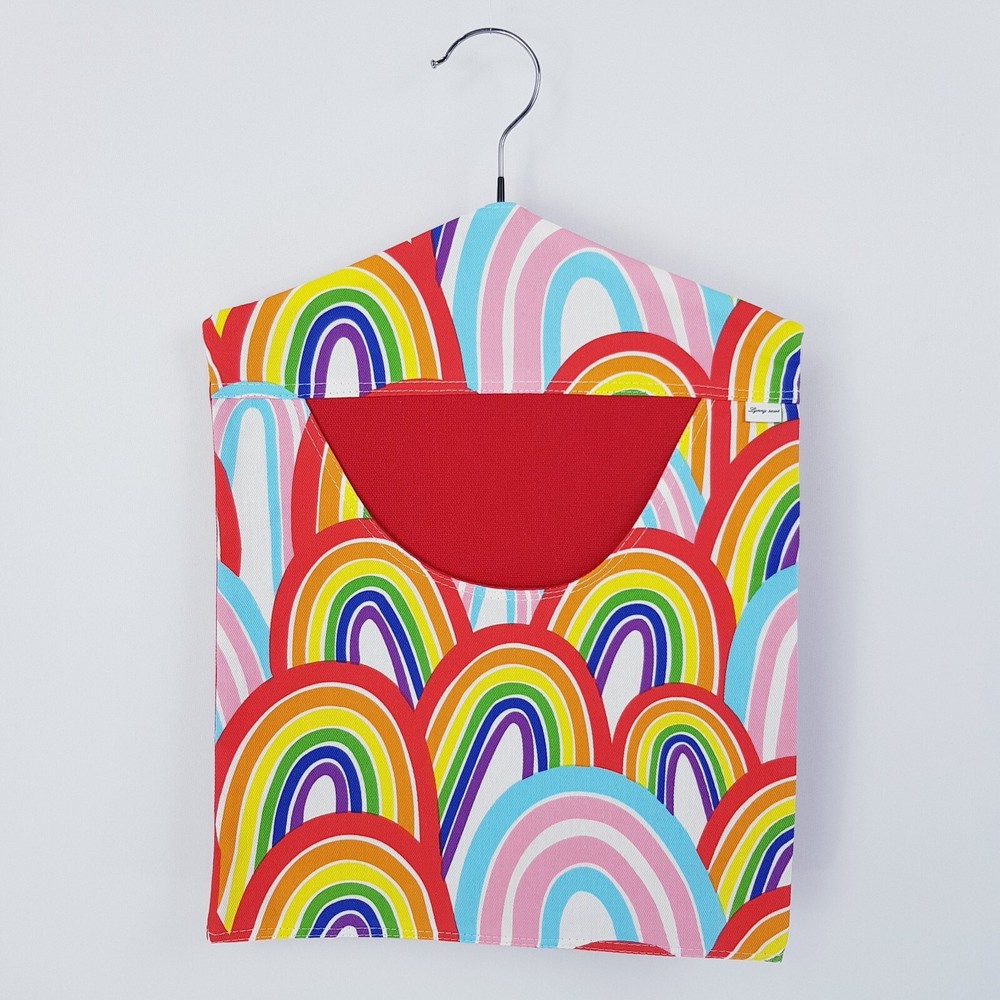 Peg Bag Handmade Bright Rainbow Print Red Lined Laundry Clothes Peg Holder