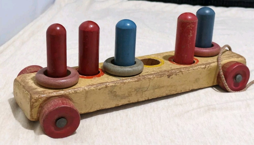 Vintage Jaymar Wooden Ring Toss Pull Toy