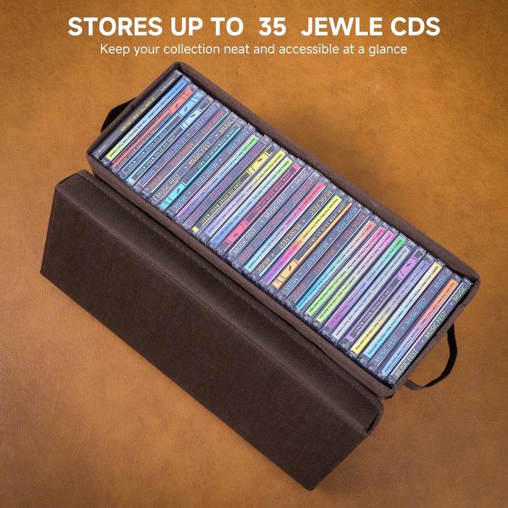 CD Storage Boxes 2 Pack – Brown Disc Organizer with Lids, Holds 35 CDs in Sta...