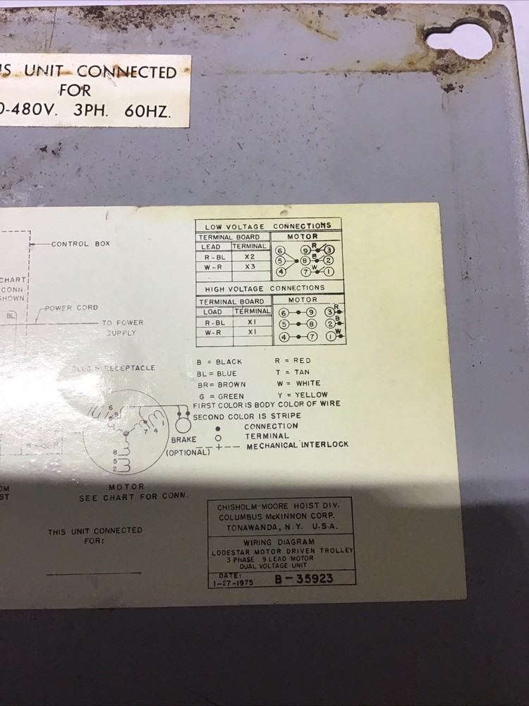 CM Lodestar Motor-Driven Trolley Control 1/8-2 Tons With Pendant Untested Crane