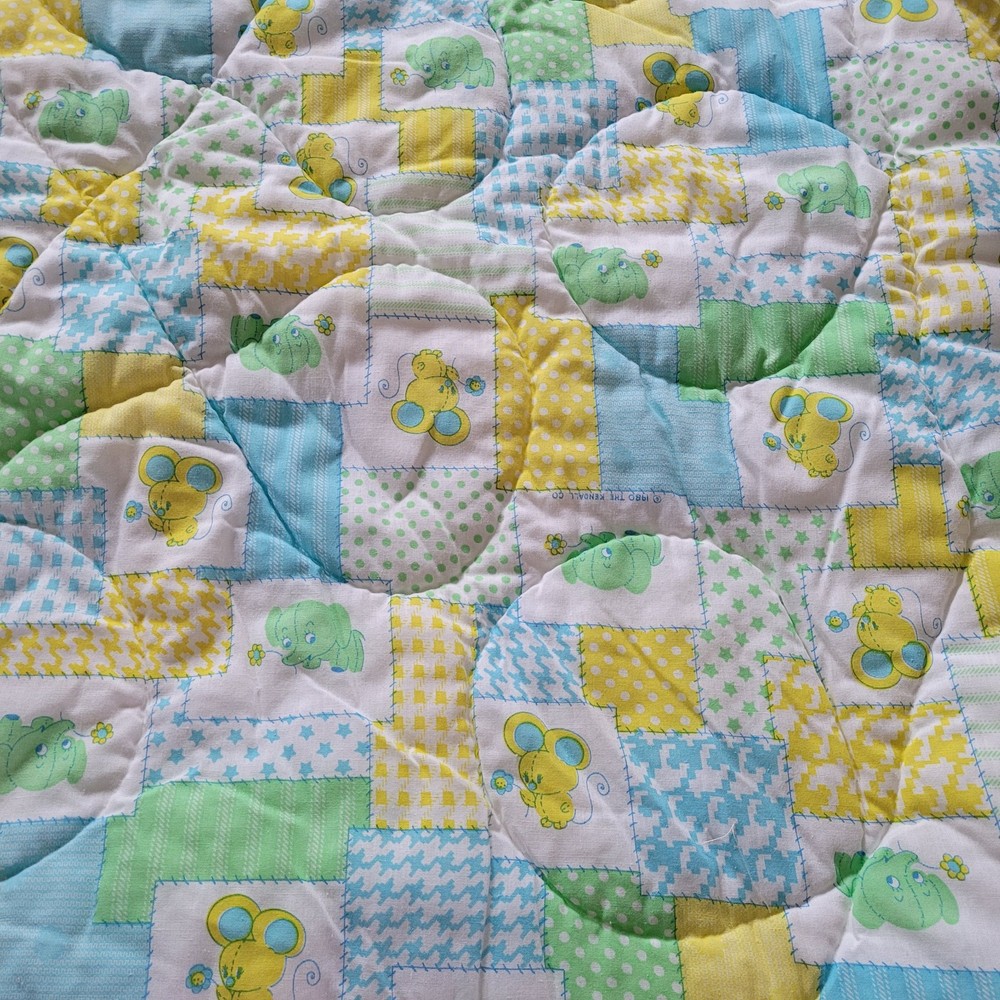 Vintage 1980 Curity Zip-A-Quilt Baby Sleeping Bag Elephant & Mouse Patchwork EUC