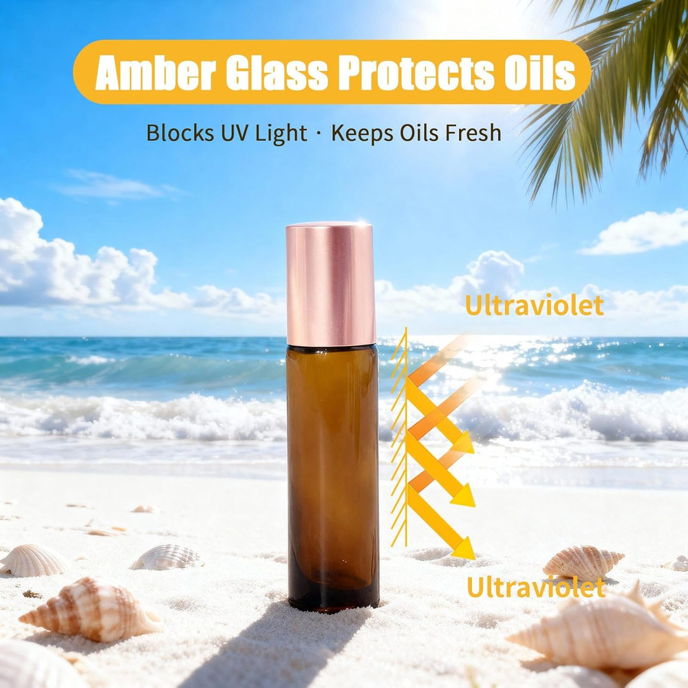 8 Pack Rose Quartz Roller Bottles for Essential Oils, 10Ml Refillable Amber Glas