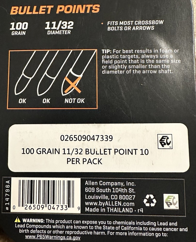 TITAN ALLEN BULLET POINTS 10 Count 100 GRAIN 11/32 DIAMETER
