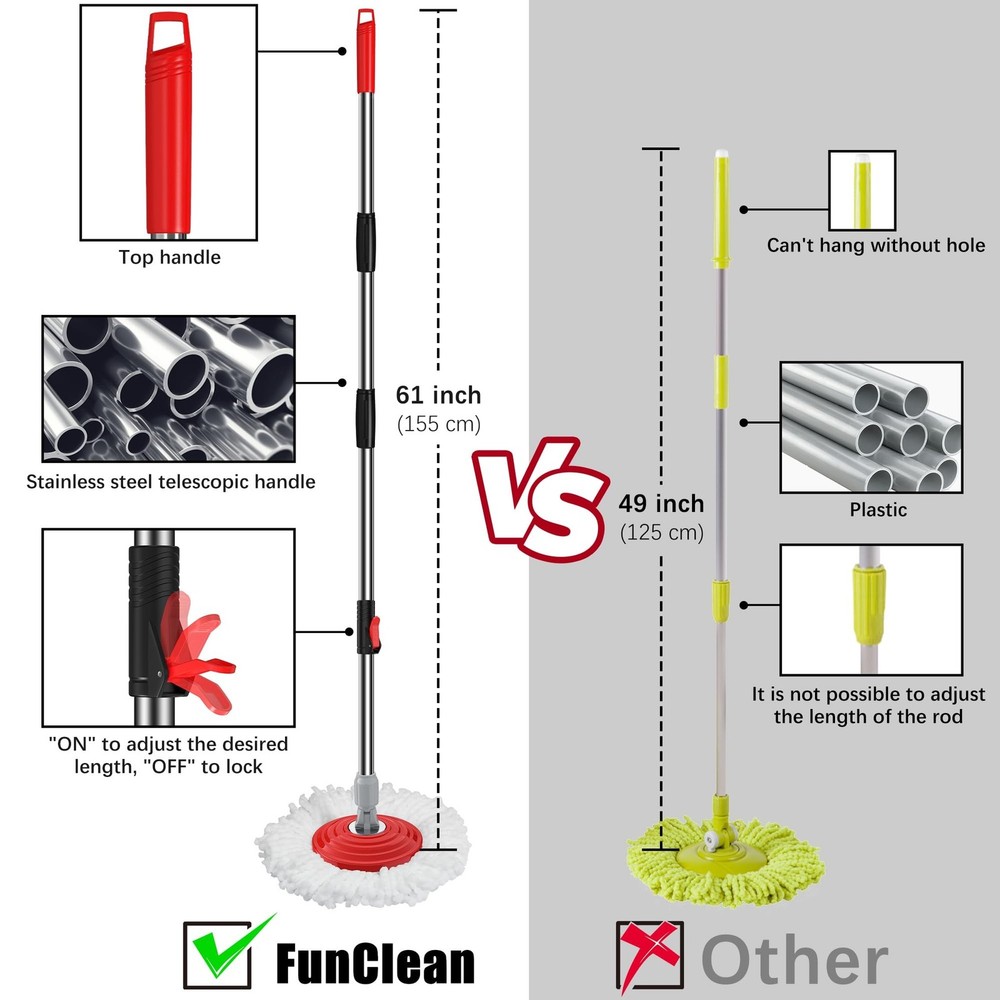 Stainless Steel Extendable Mop Handle with 2 Microfiber Replacement Heads & 3...