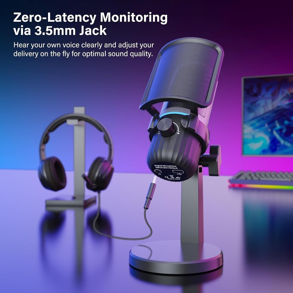 Professional Streaming Microphone with Built-in Headphone Jack & Volume Control