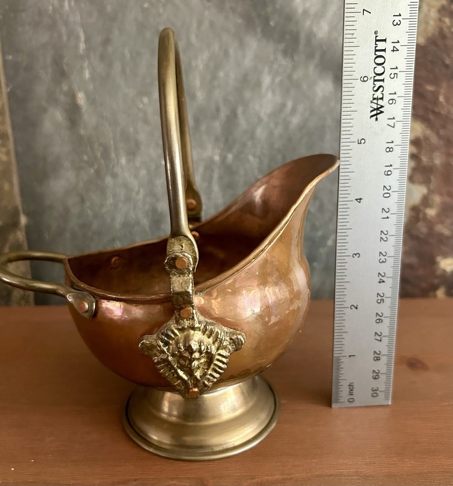 Copper & Brass Mini Coal Ash Scuttle 5" Match Holder Swing Handle Vintage