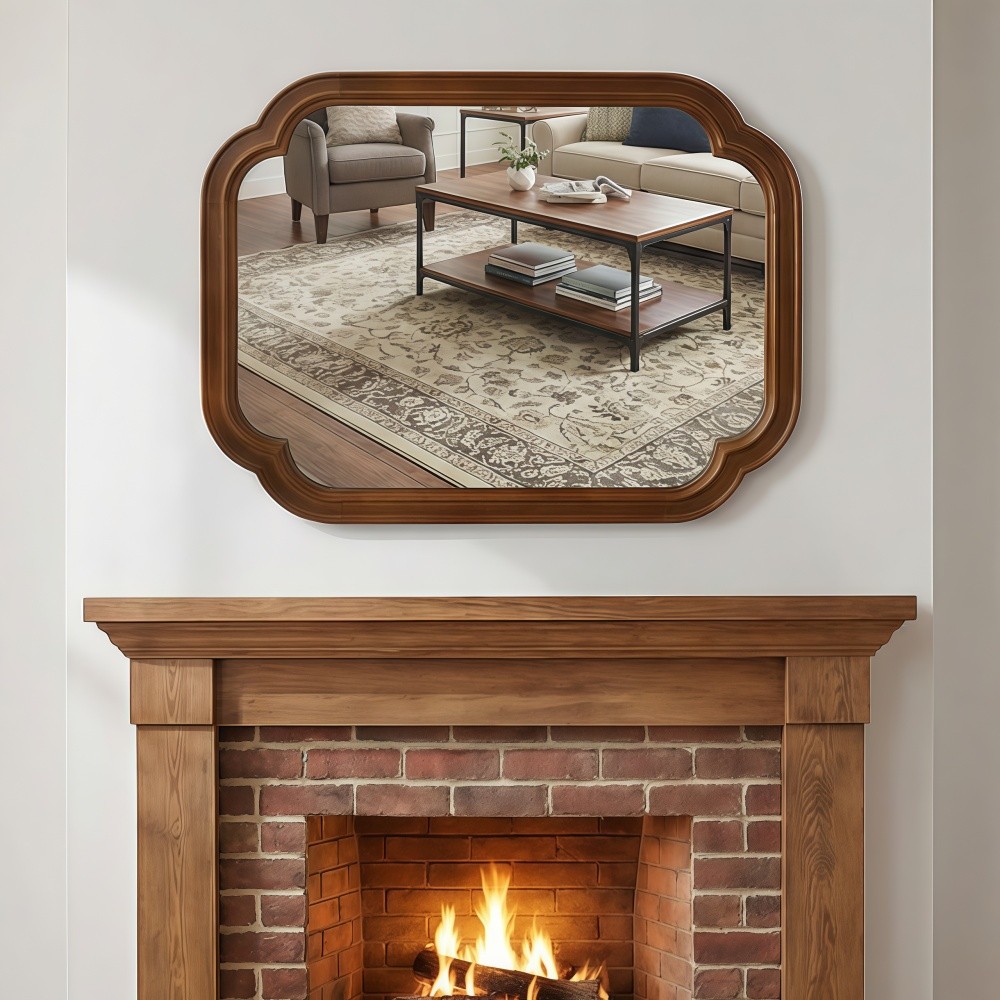 24x36 Solid Walnut Wall Mirror with Tempered Glass, Round Corner Art Deco