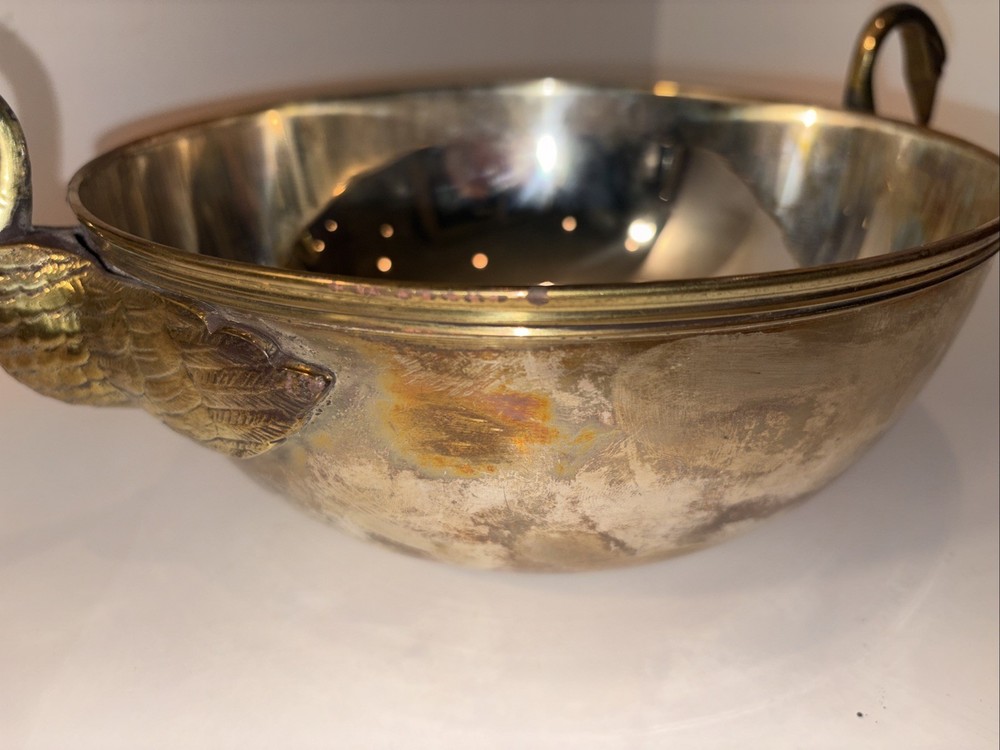 Antique Solid Brass Silverplate Large Bowl With Duck Handles