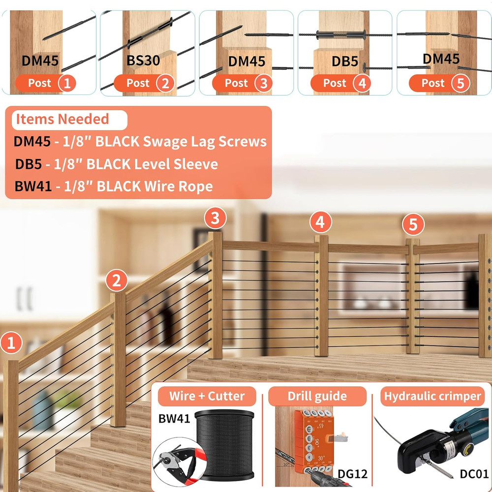 80 Pack Black Angle Beveled Protector Sleeves for Stair Cable Railing