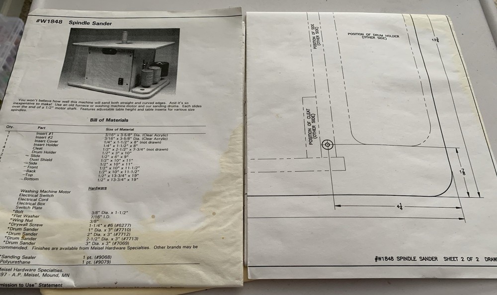 Vtg. Meisel Woodworking Pattern W1848 Spindle Sander (#9)