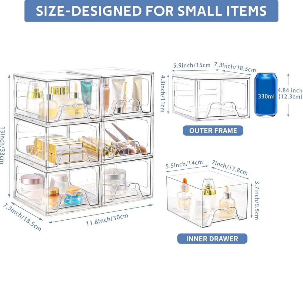 6-Pack Clear Stackable Plastic Storage Drawers, Acrylic Organizer Bins