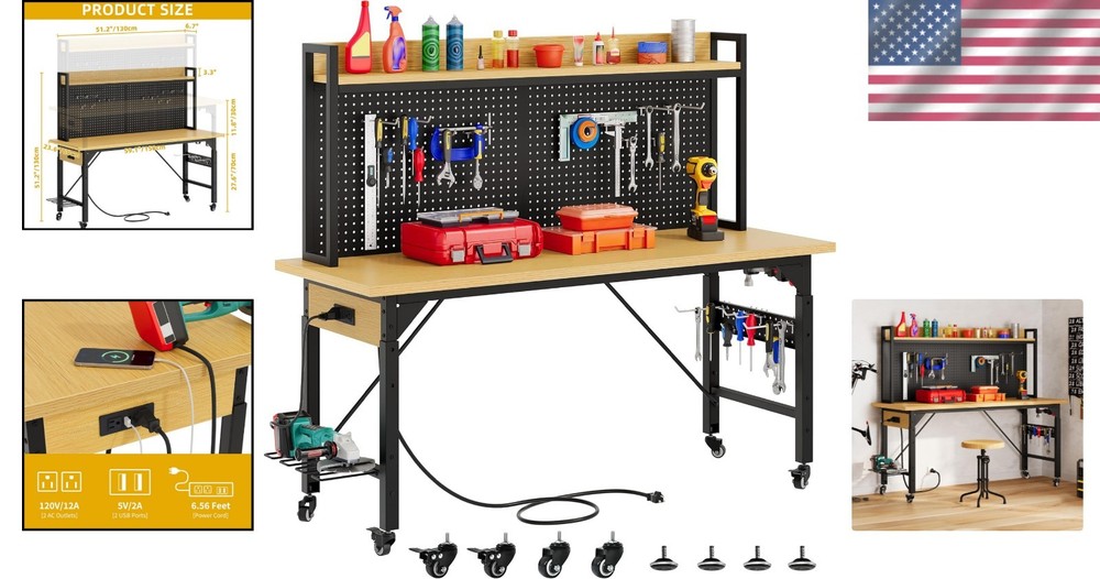 Sturdy 60" Adjustable Workbench with Hooks & Pegboard for Garage, Office & Home