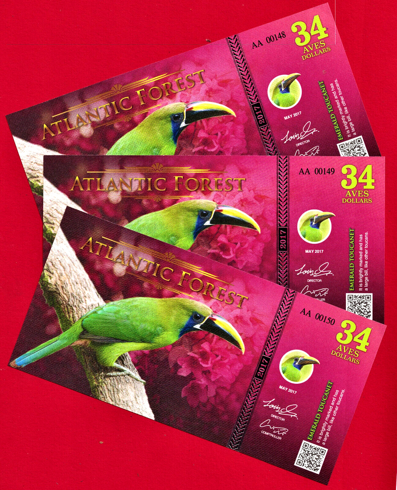 34 AVES DOLLARS 2017 ATLANTIC FOREST EMERALD TOUCANET 3-DIGITS SERIAL # UNC NOTE
