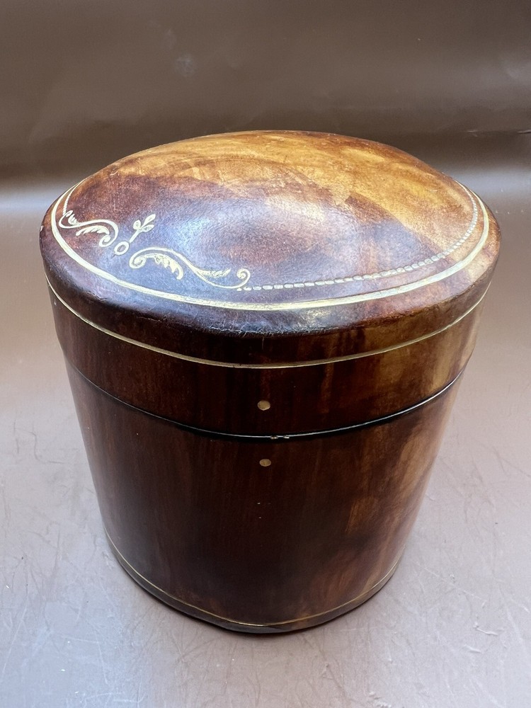 VINTAGE Italian Brown Canister Shaped Leather Box