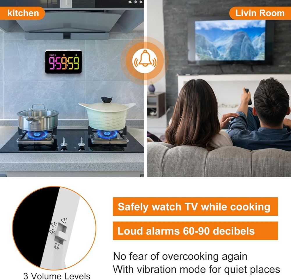 Kitchen Digital Timer, Count Down Up, Rechargeable, Vibration Mode Adjustable Vo