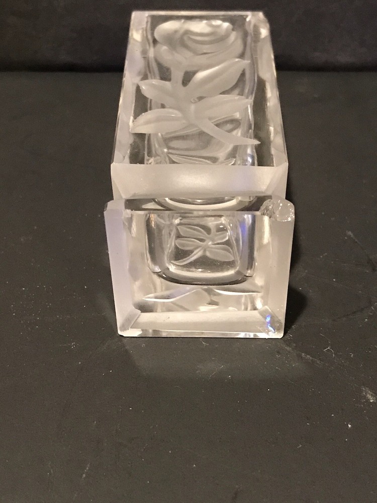 Etched Rose Clear Glass Toothpick Holder