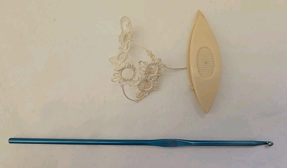 Unfinished Hankerchief w/partially Tatted Edge, Tatting Bits, Thread, Shuttle