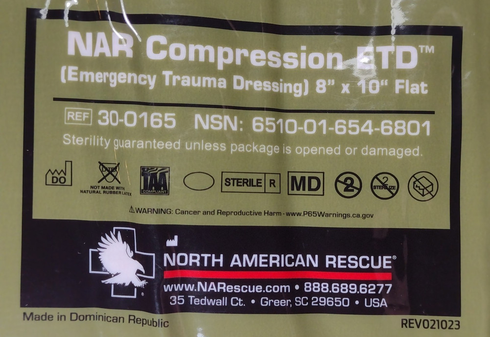 COMBAT MEDIC NAR Compression ETD Emergency Trauma Dressing 8"X10" FLAT Exp 2033