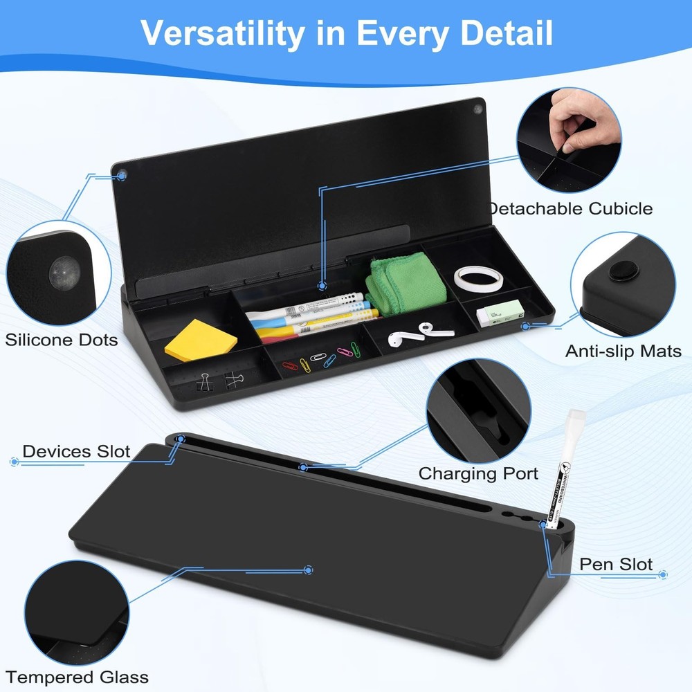 Desktop Glass Whiteboard with Storage, Desk Board with Computer Keyboard Stan...