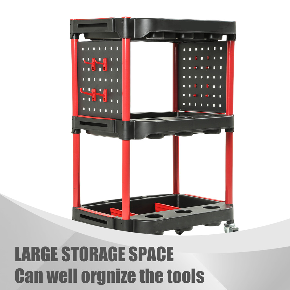 3-Level Composite PP Warehouse Garage Office Rolling Trolley W/Pegboard Casters