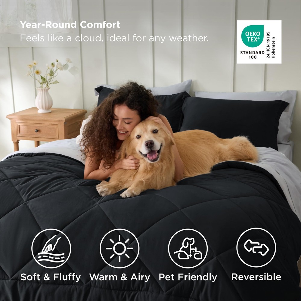 Dorm Room Bedding Set - Full Size 7 Piece Comforter with Sheets Black