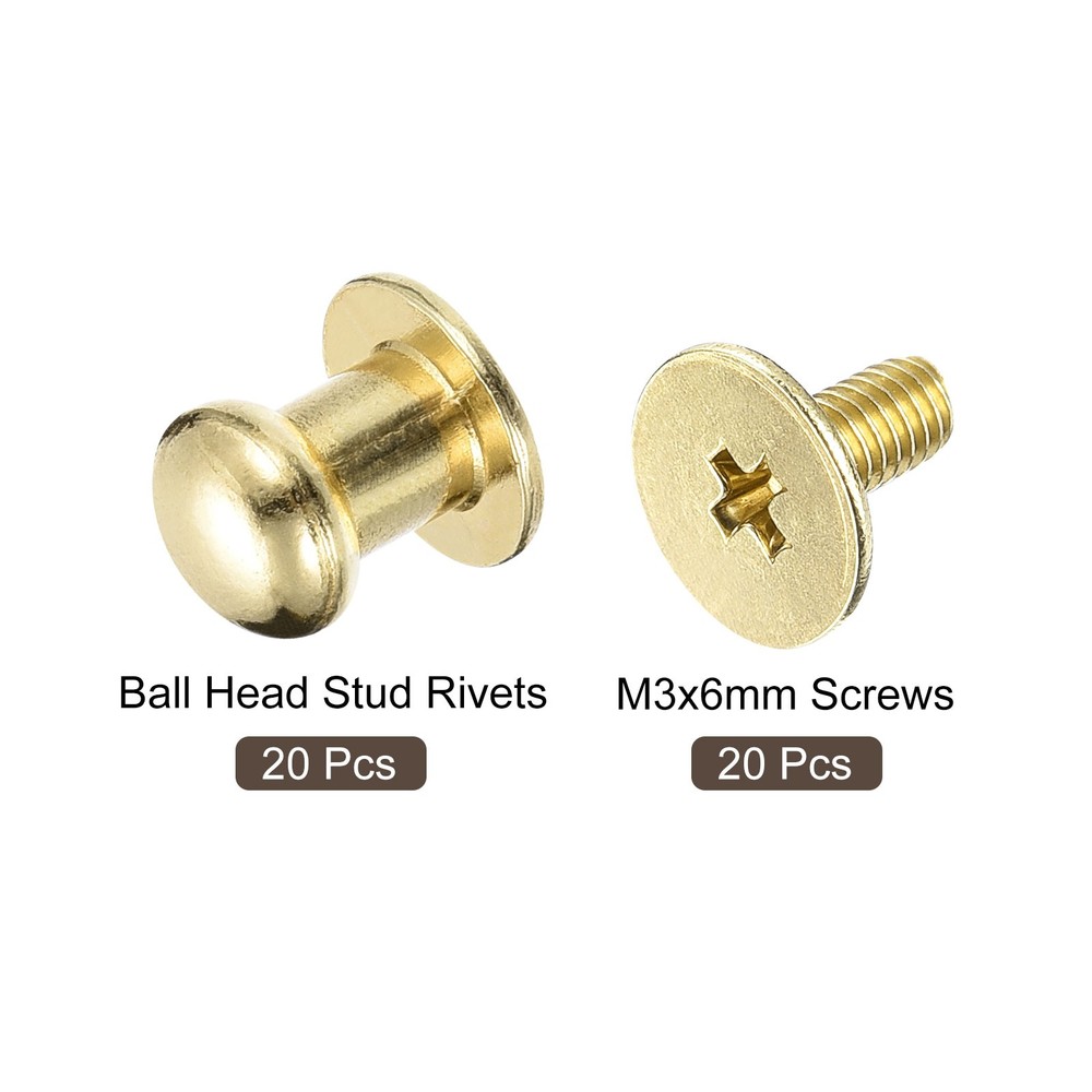 20Pack 6mm Ball Head Stud Rivets Screw Back Button Nipple Rivet Light Golden