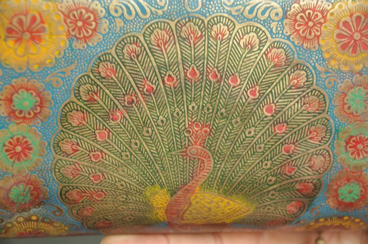 Old Brass Handcrafted Unique Peacock Engraved Lacquer Work Ladies Purse
