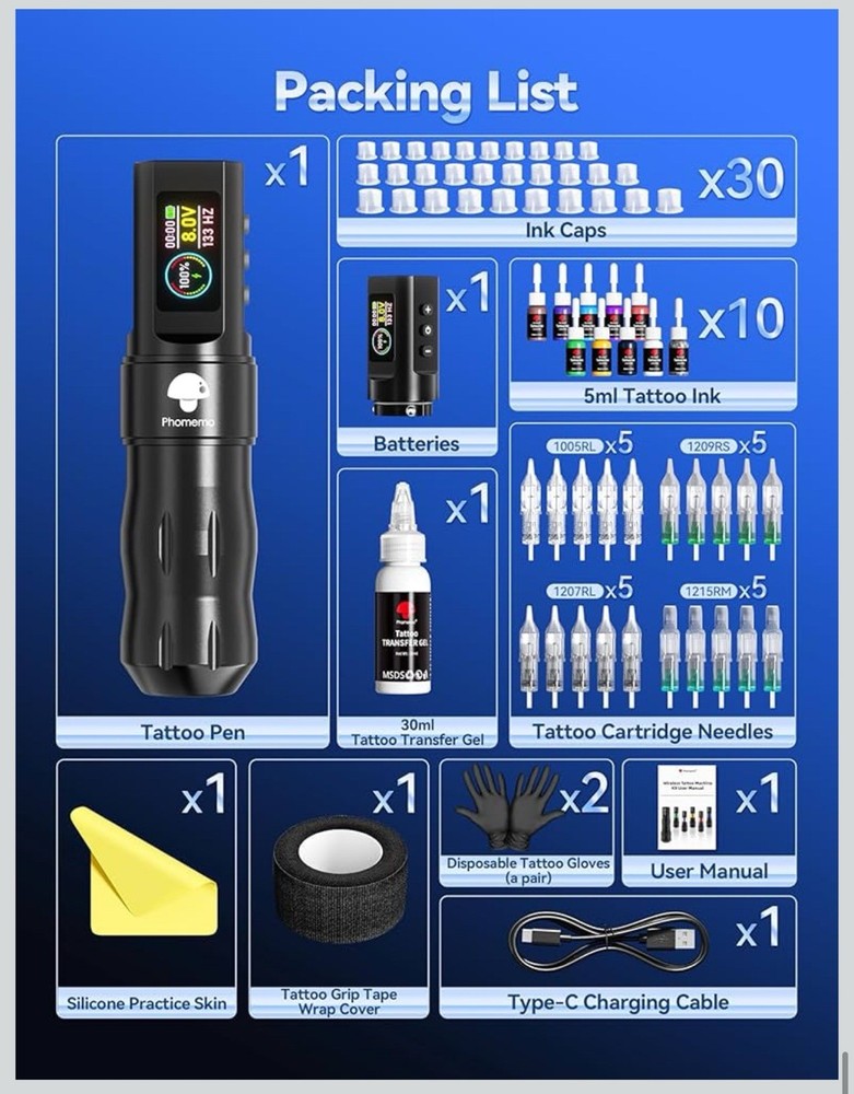 NEW Phomemo Rotary Tattoo Machine Pen Starter Kit Bundle PMU (Black)