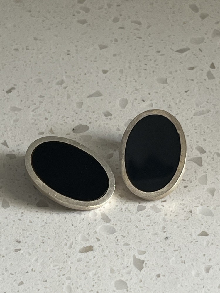 Mexican 925 Sterling Silver Earrings Onyx Inlay