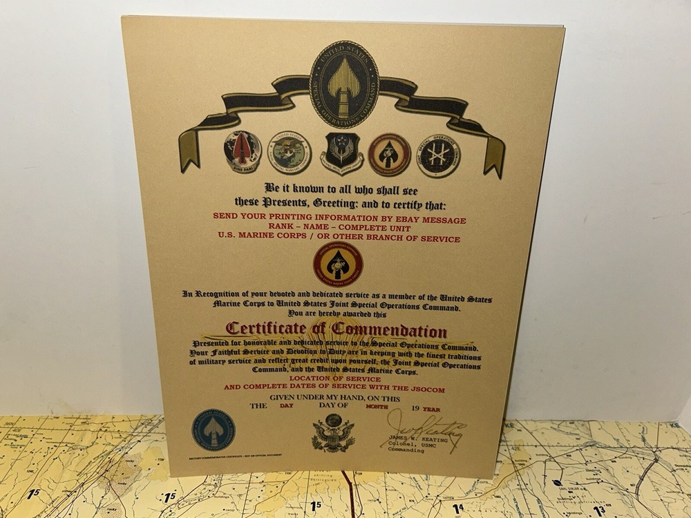 USMC / MARINE CORPS SPECIAL OPERATIONS COMMAND ~ CERTIFICATE OF COMMENDATION