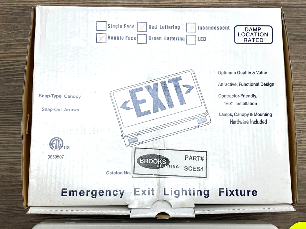 BROOKS LIGHTING EMERGENCY EXIT LIGHTING FIXTURE SCES1 DOUBLE FACED RED LETTERING