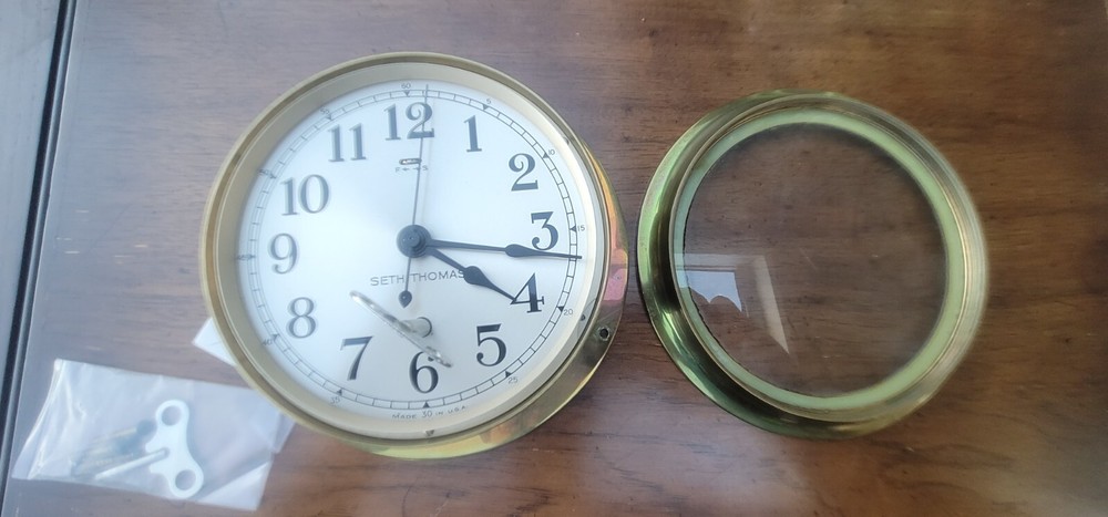 Vintage Seth Thomas Ships Clock Brass Nautical Working with Key Exct