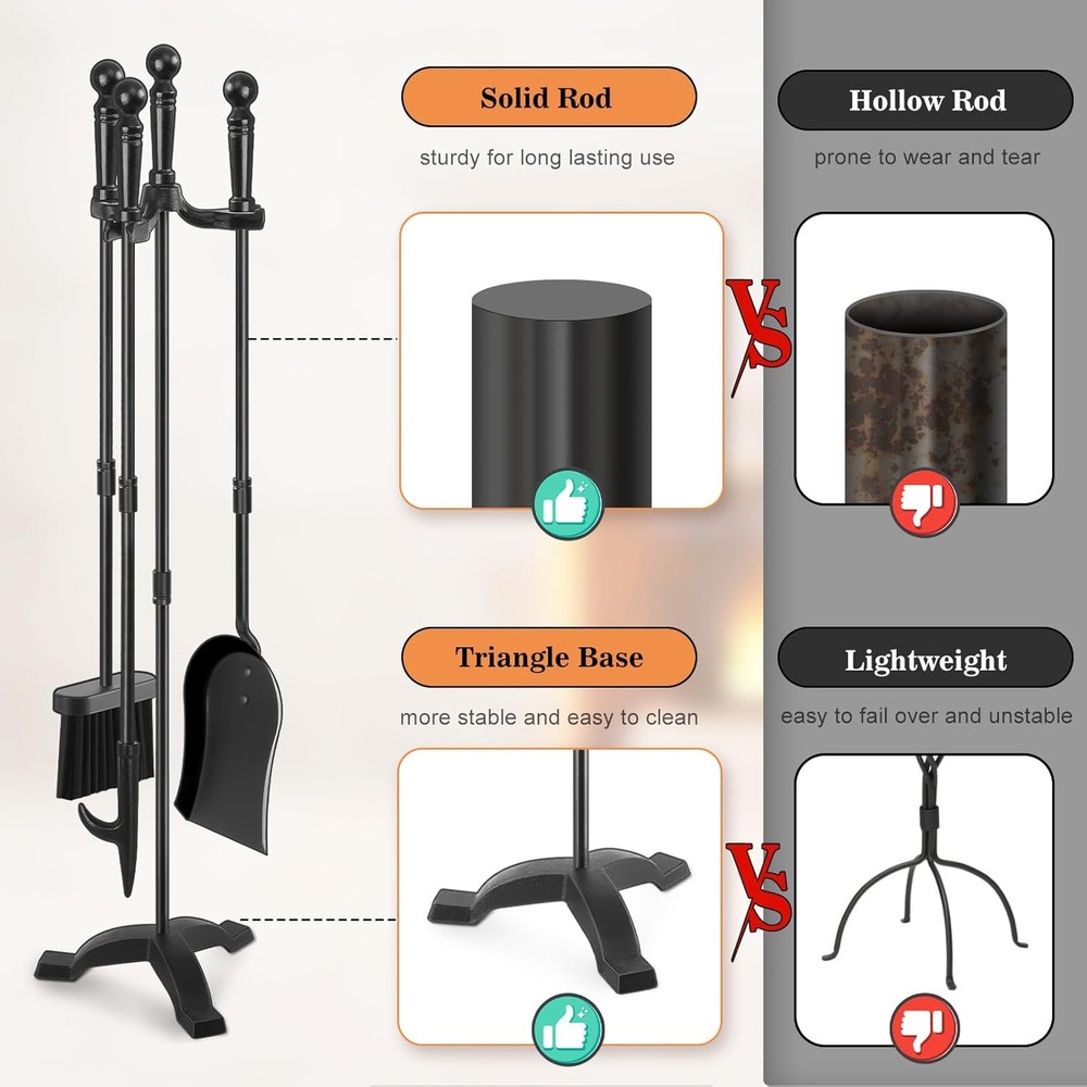 Fireplace Tools, Set 4 Pcs 30 Inch Black Wrought Iron, Large Fire Tool Set