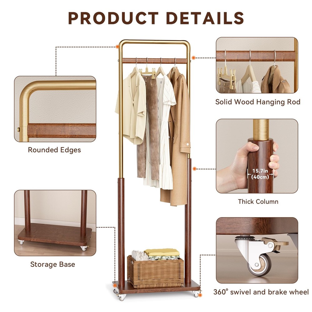 Clothes Rack Solid Wood Coat Rack, Metal and Solid Wood Combination Clothing ...