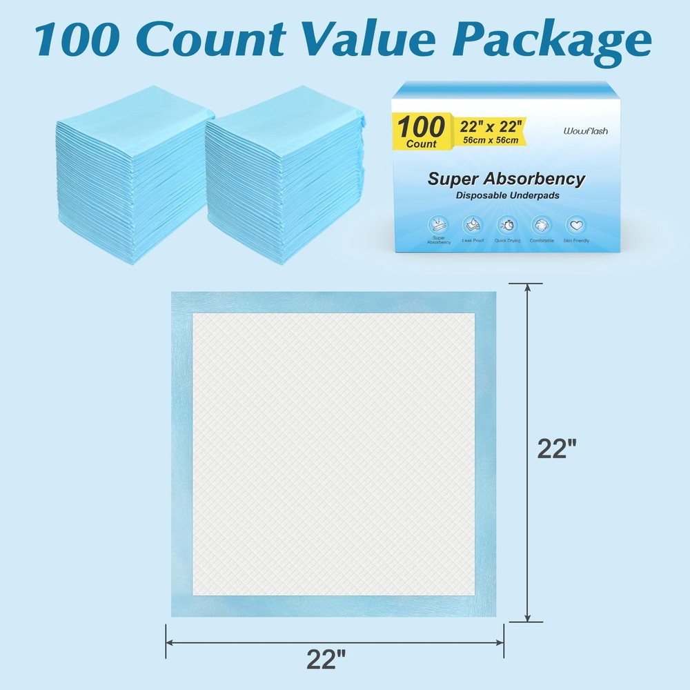 100 Count 22” x 22” Super Absorbency Disposable Underpads, Leakproof Quick Dr...