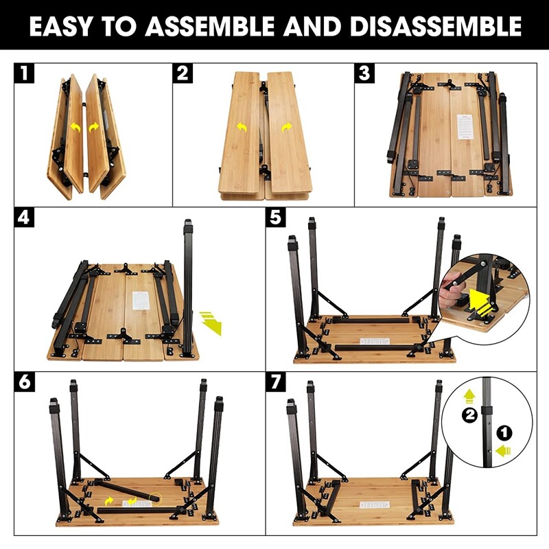 VILLEY Heavy Duty Bamboo Folding Camping Table Portable Table Load 176 lbs Table