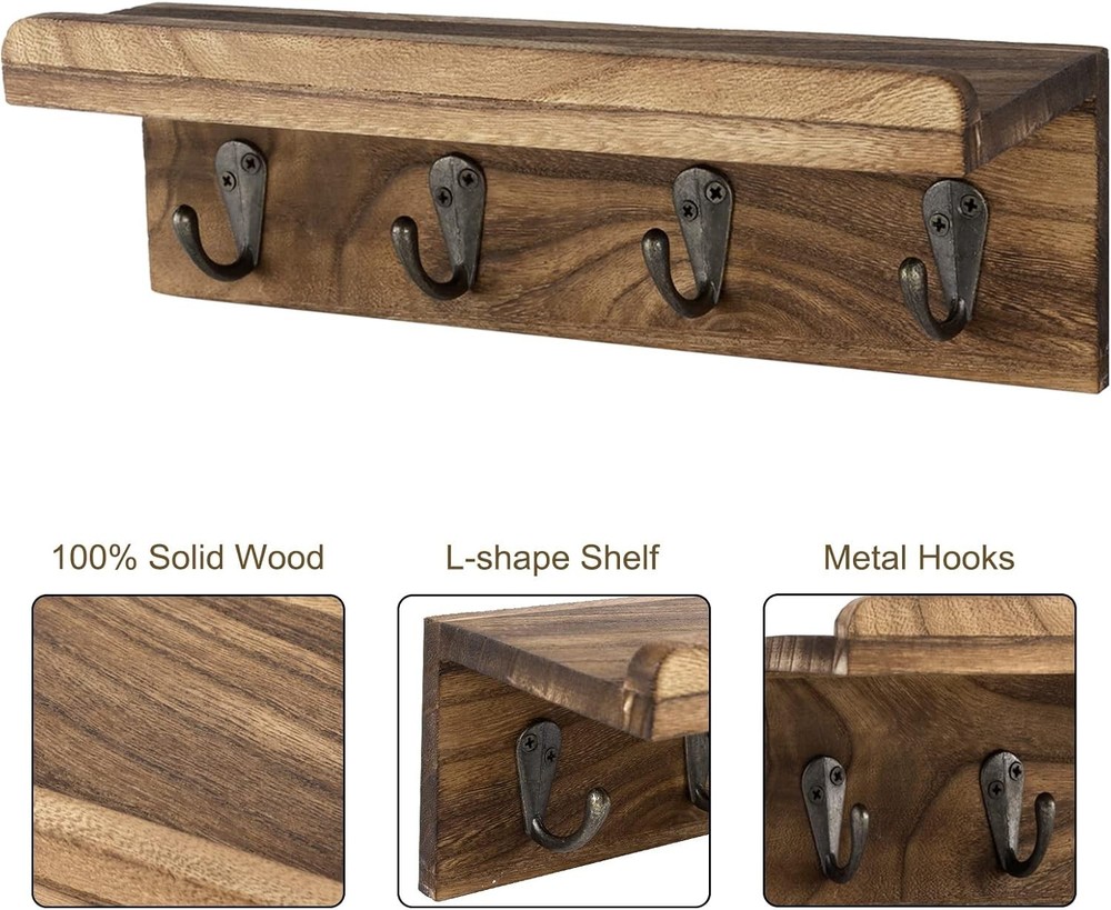 Rustic Wall Key Holder with 4 Hooks & Floating Shelf for Elegant Organization
