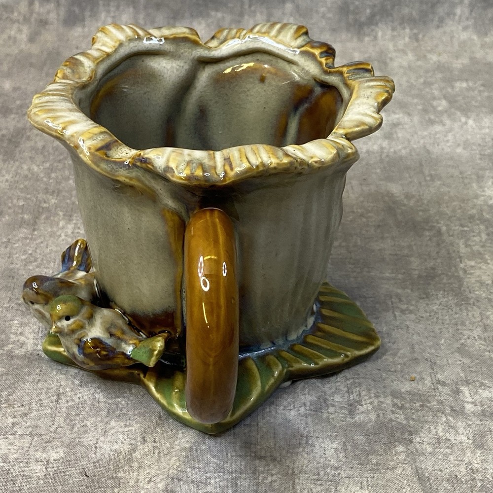 Ceramic Flower Shape Cup Planter With Birds Multicolor Cabbage Leaf