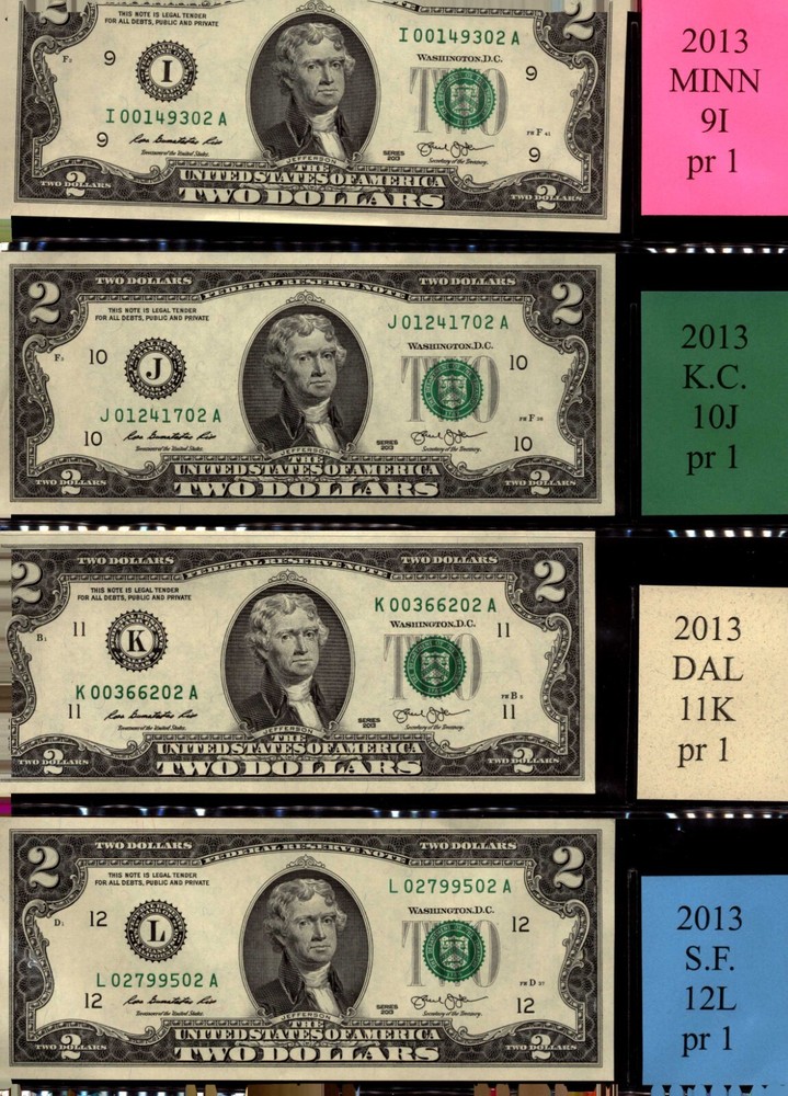 (42) 2013 series $2 notes COMPLETE district set of 12 FRB'S-same last 2 digits