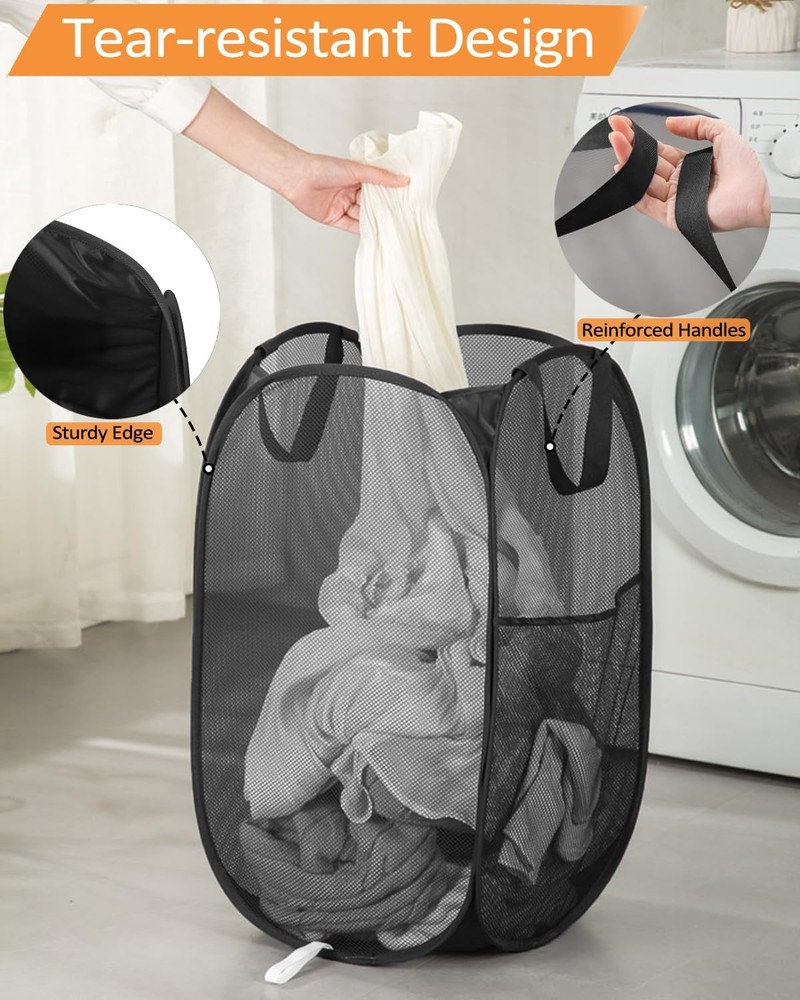 2 Pcs Durable Collapsible Laundry Baskets - Reinforced Mesh Pop Up Laundry Ha...