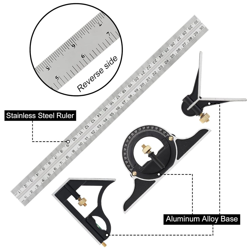 11.8 Inch Multi Function Ruler Set T Square Protractor Level for Woodworking DIY
