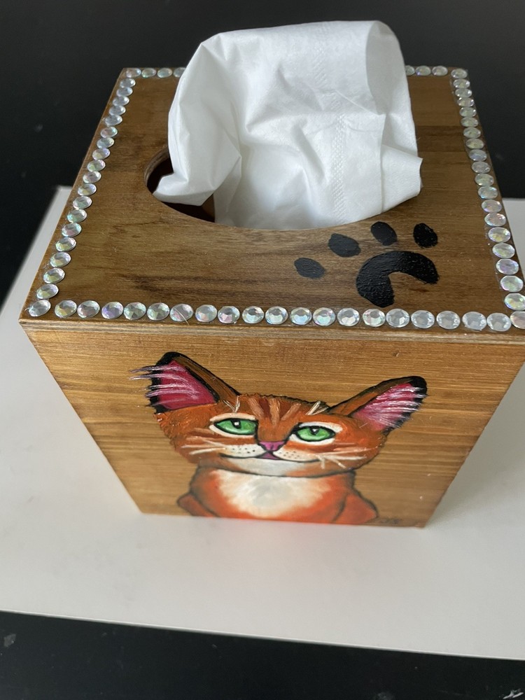 Hand Painted Tissue Box Holder Solid Wood cute orange tabby cat Decor