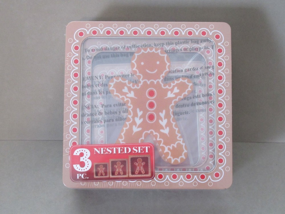 Three Nesting Gingerbread Man Candy Cookie Christmas Tin Boxes New