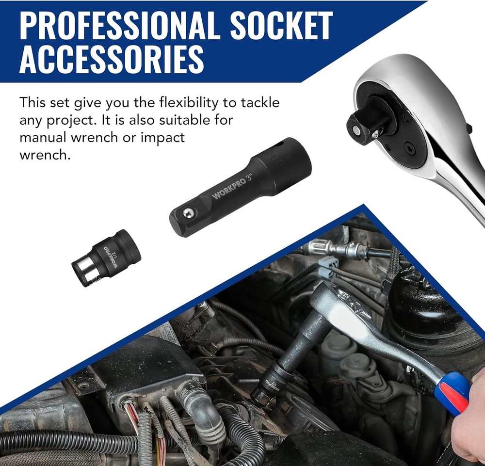 WORKPRO 18-Piece Impact Socket Extension Set, Includes Socket Adapters, Ratchet