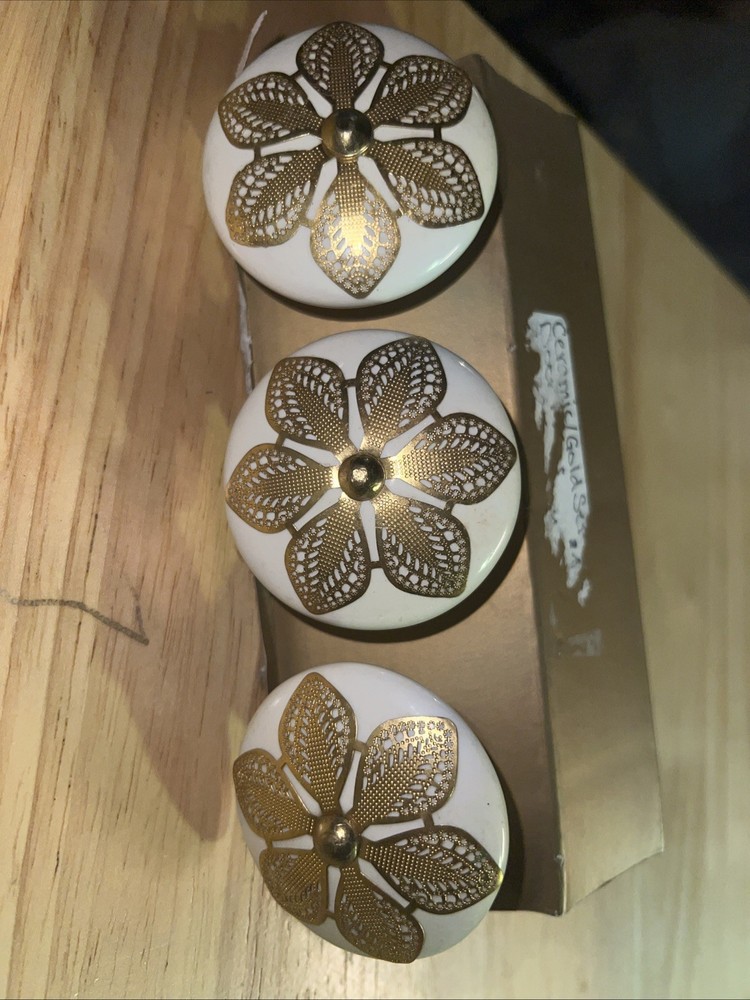 Vintage Draw Pulls Ceramic And Gold Filagree