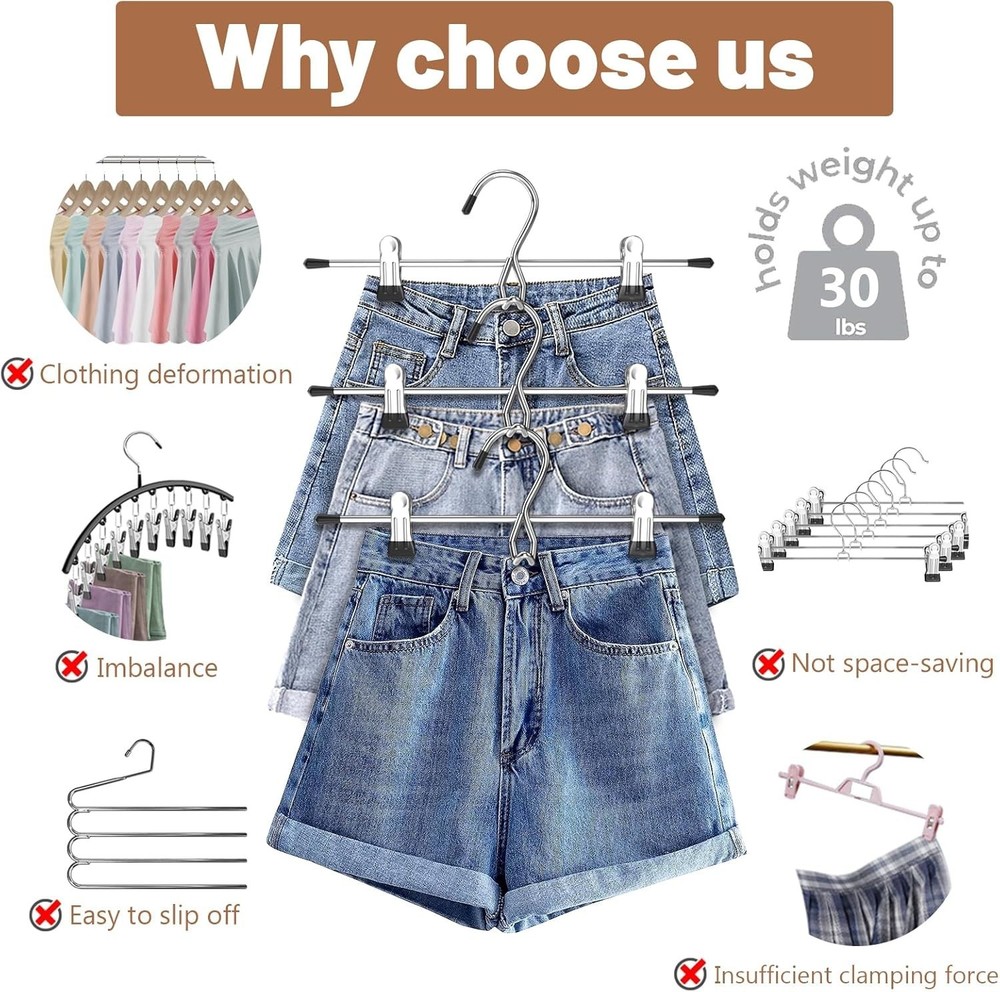 Pants Hangers Space Saving,Stackable Skirt Hangers with Clips, Hanging Closet...