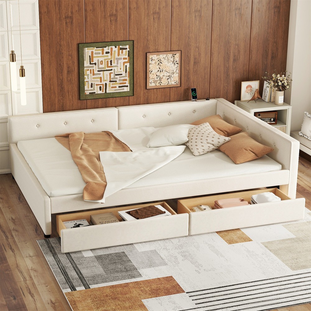 Full Size Daybed Upholstered Bed Frame Sofa Bed with USB Ports & 2 Drawer