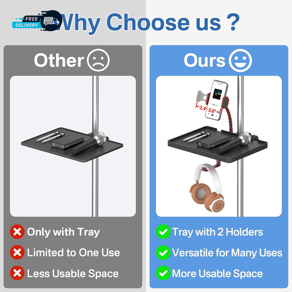 Functional Microphone Stand Tray with Adjustable Mic Stand Phone Holder