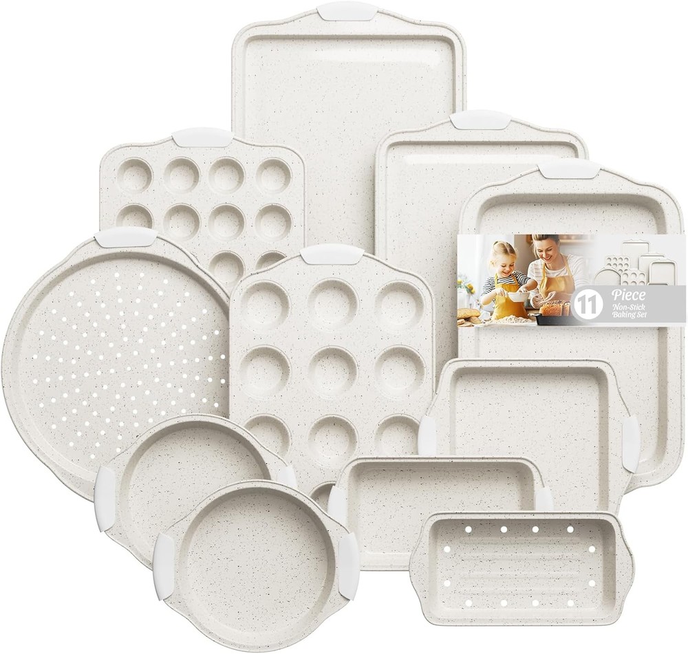 11-Piece Nonstick Baking Pans Set Stackable Non Toxic Bakeware Sets W/ Cookie