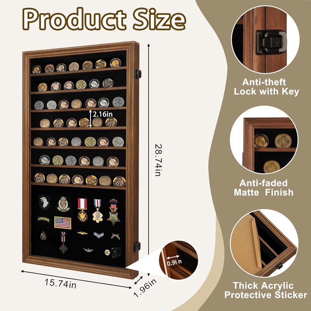 Lockable Military Coin Display Case Shadow Box Rack for Collectors